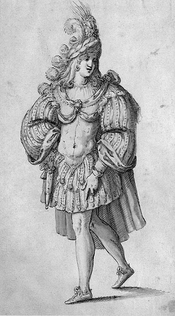 "Costume for a Knight," by Inigo Jones. Anna of Denmark promoted Samuel Daniel, Ben Jonson, and Inigo Jones as the period’s premier creative minds with her "queen's masques."