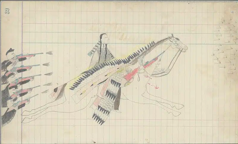 Ledger drawing of Buffalo Calf Road Woman on horseback rescuing her brother, Comes in Sight, under fire at the Battle of the Rosebud.