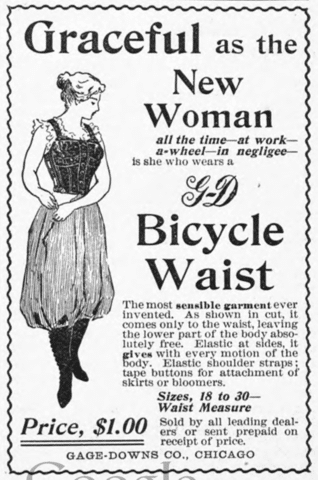 1896 ad showing a modified girdle, allowing women freedom of the lower extremities, making it easier to ride a bicycle, then in vogue