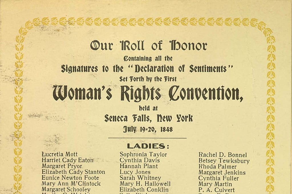 Document headed “Our Roll of Honor,” listing signers of the 1848 Seneca Falls Declaration of Sentiments.