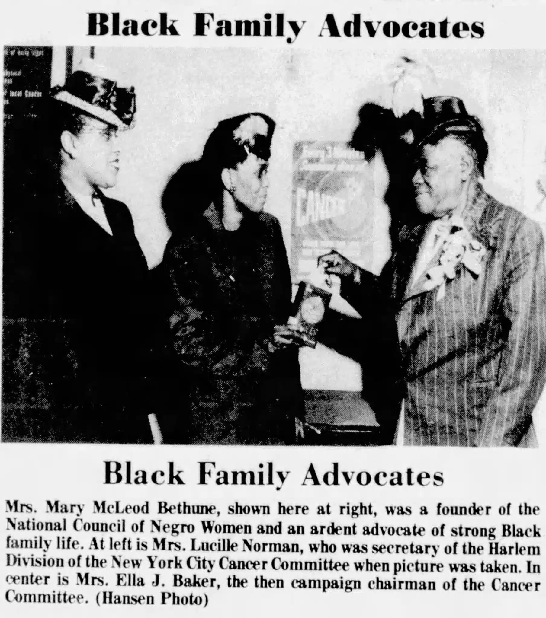 Ella Baker stands between Lucille Norman and Mary McLeod Bethune in a black-and-white newspaper photograph.