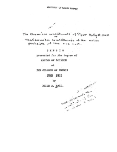 Alice Ball’s master’s thesis title page, 1915 | Amazing Women In History Title page names Alice A. Ball and her June 1915 Master of Science thesis at the College of Hawaii.