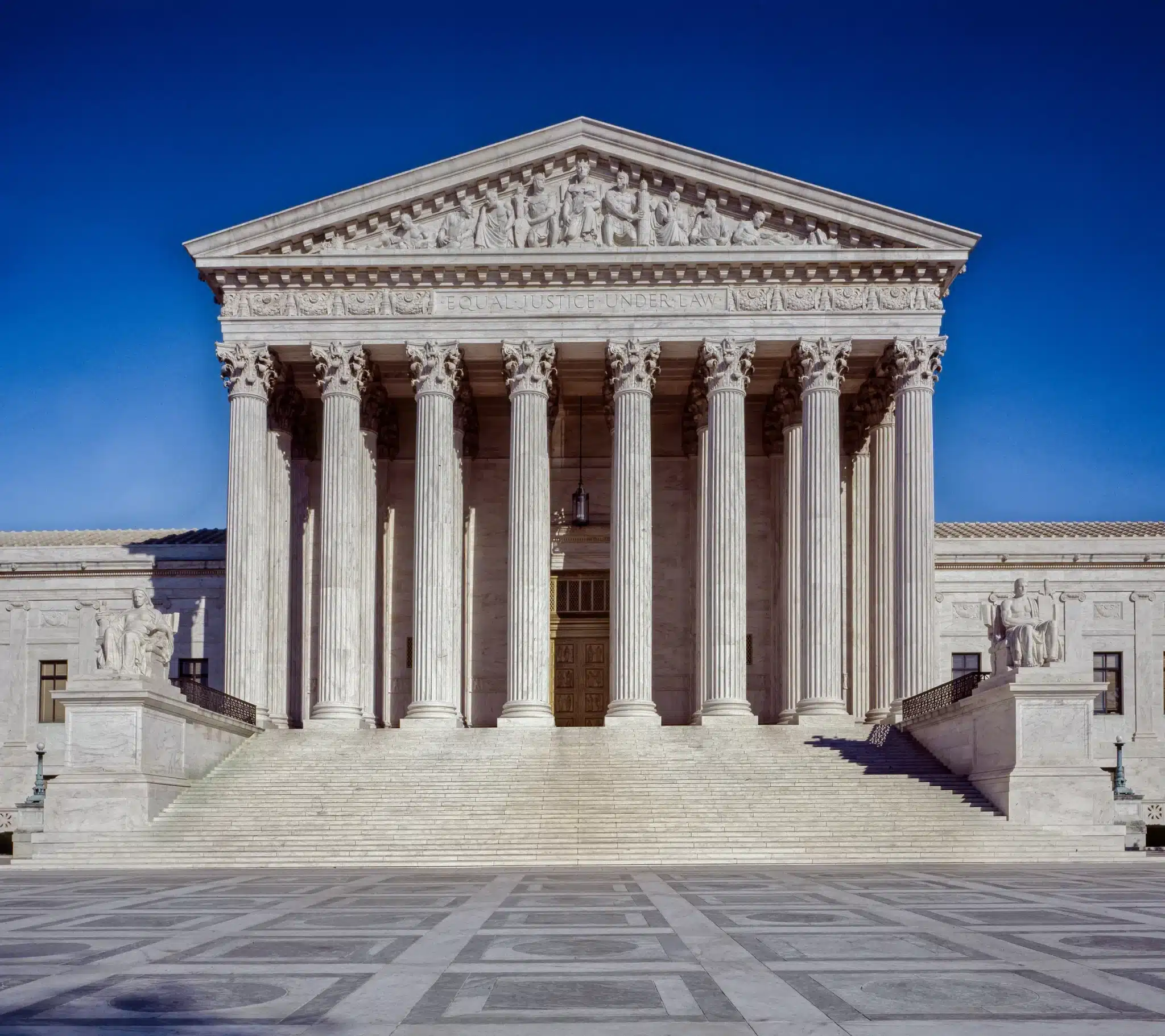 The columned facade and steps of the U.S. Supreme Court building.