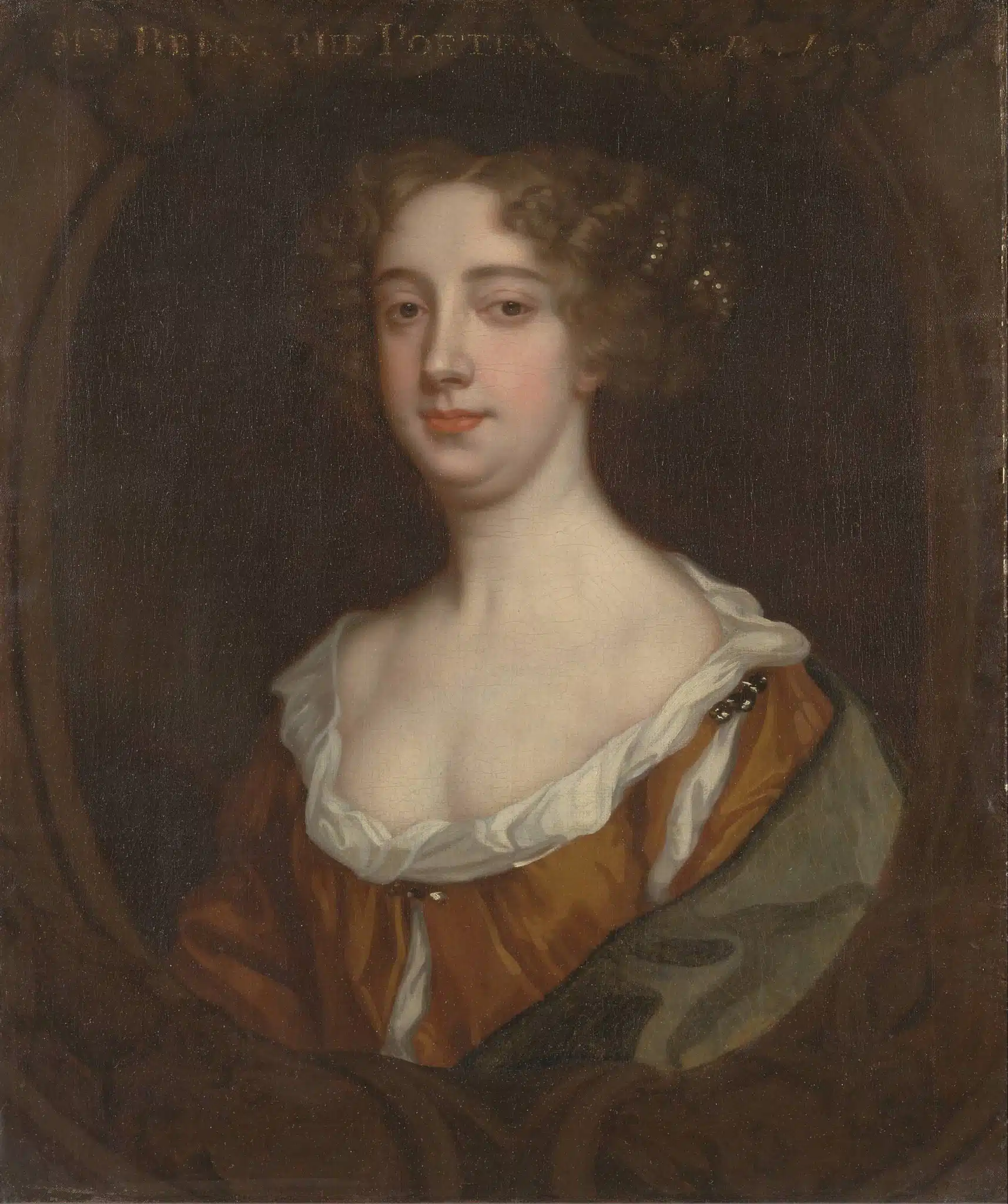 Portrait of Aphra Behn with dark curls and a loosely draped brown gown.