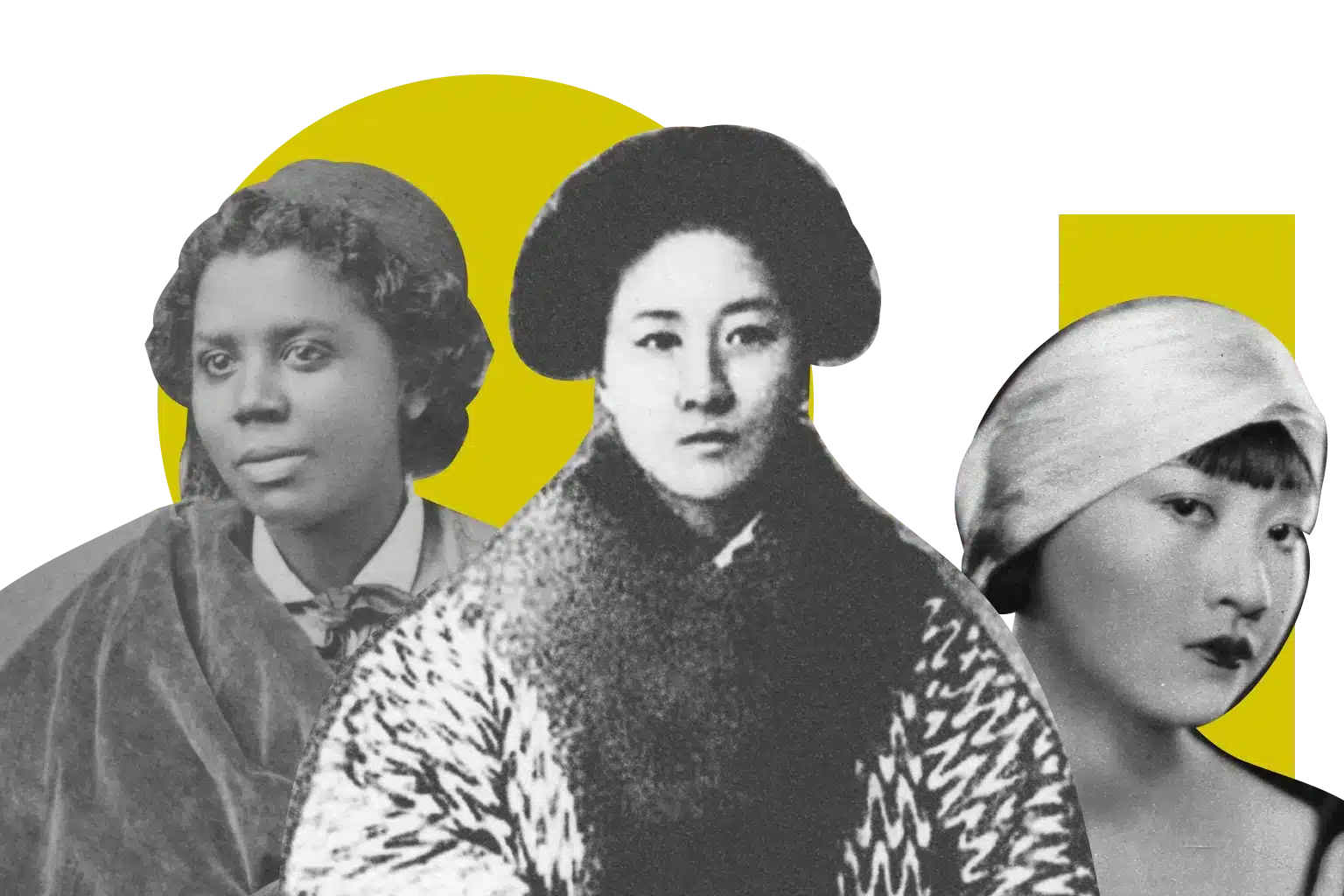 awh-about-collage-v3webp | Amazing Women In History Archival portraits of Edmonia Lewis, Qiu Jin, and Anna May Wong, layered over yellow shapes.