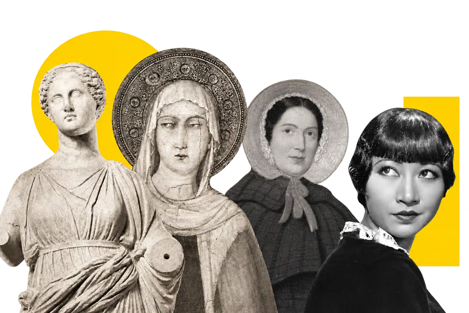 Historical collage with a classical statue, a medieval saint, Mary Anning, and Anna May Wong, from left to right.