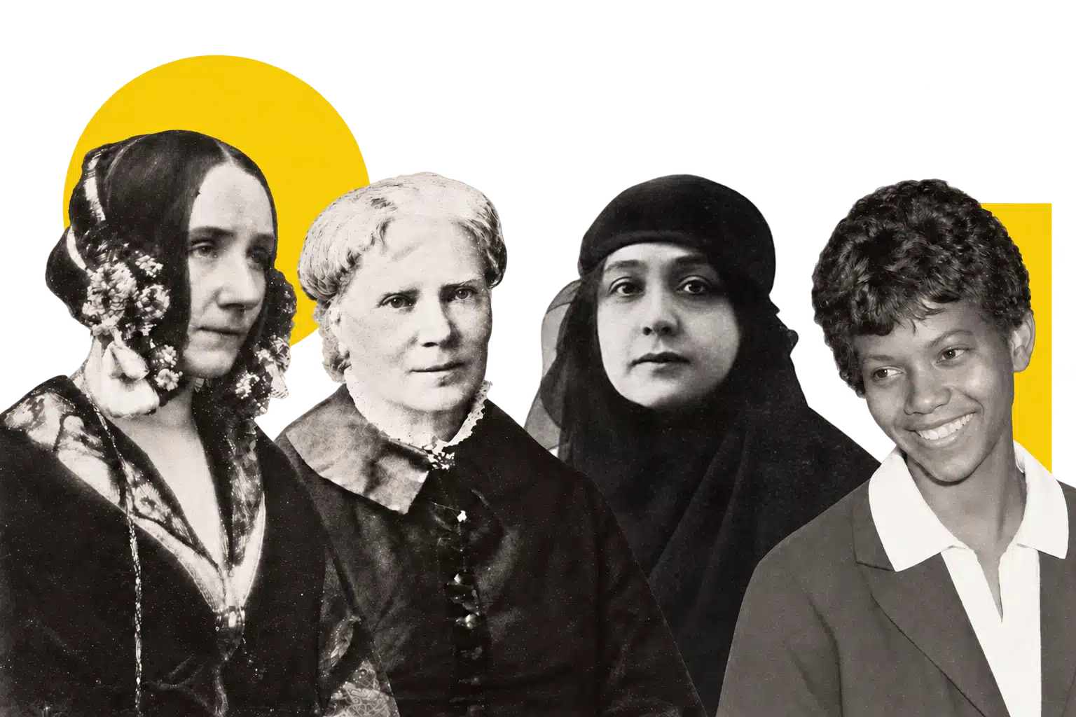 Portrait collage of Ada Lovelace, Elizabeth Blackwell, Huda Shaarawi, and Wilma Rudolph, from left to right.