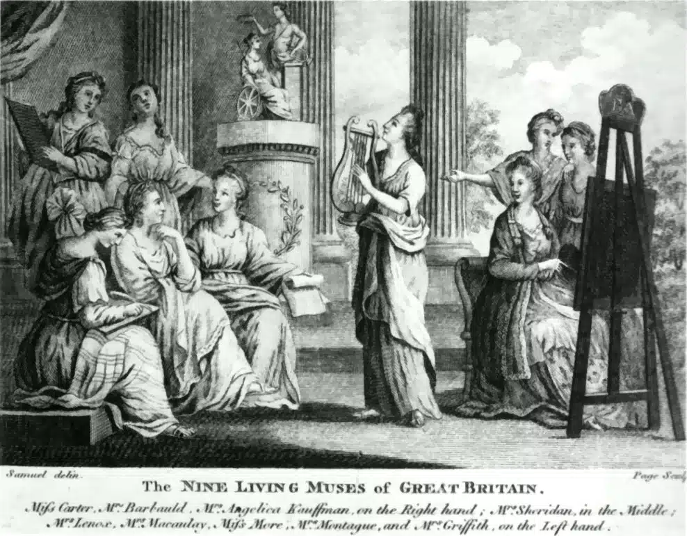 An engraving shows nine women posed as muses, with a printed title below.