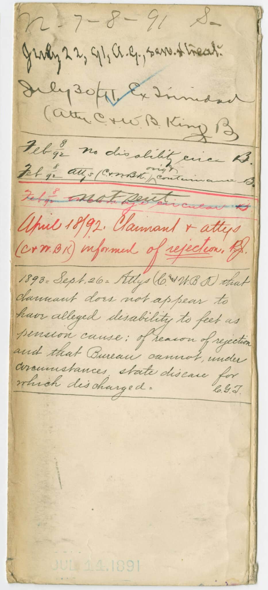 A handwritten pension application page relating to Cathay Williams.