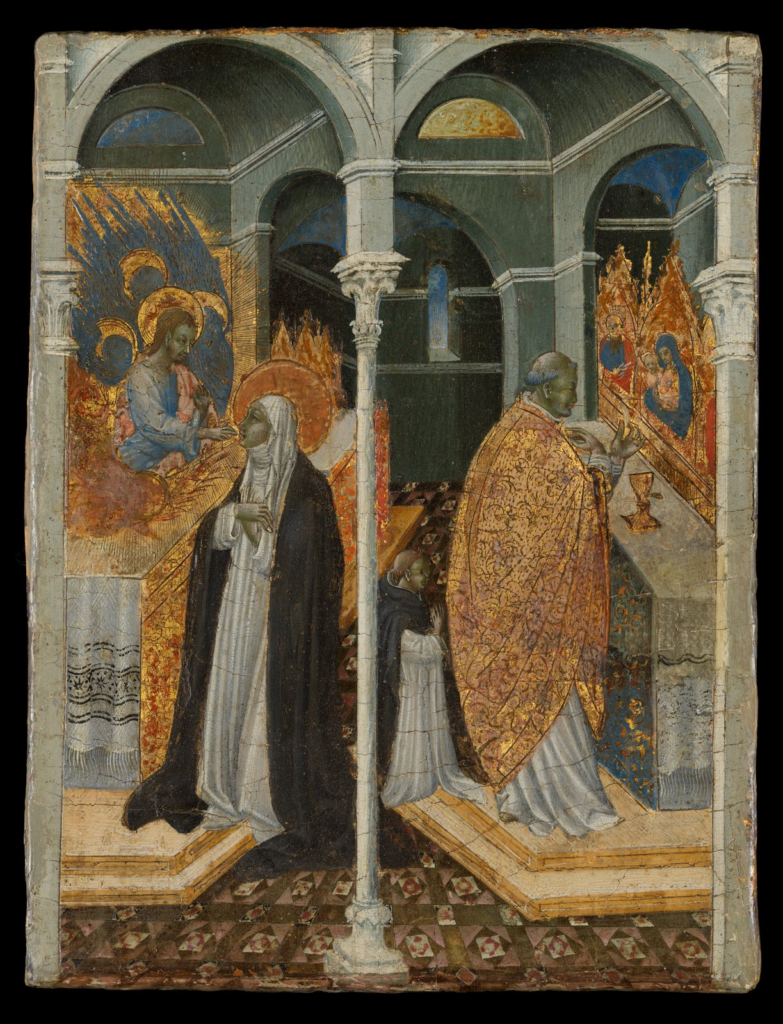 Catherine of Siena kneels before Christ at left while a priest celebrates Mass at an altar on the right.