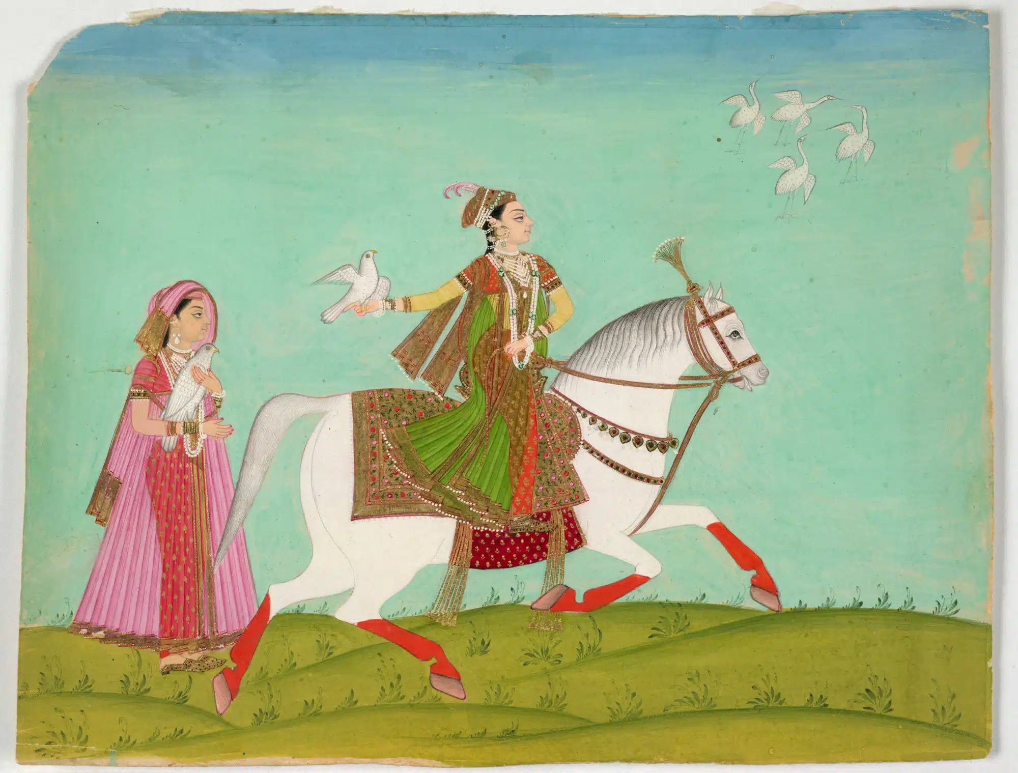 A miniature shows Chand Bibi on horseback with a bird and an attendant beside her.