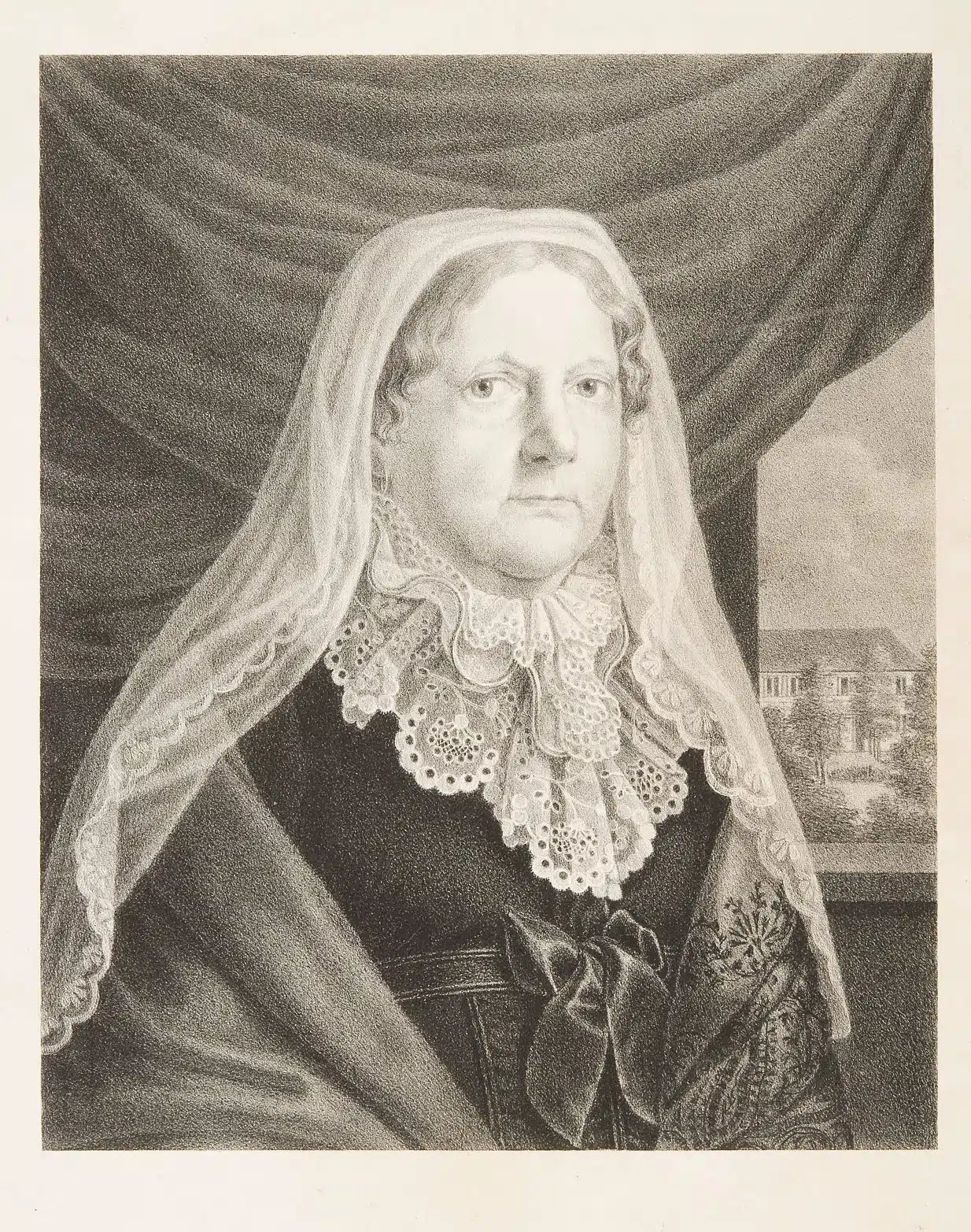 Engraved portrait of Elisabeth Christine of Brunswick-Wolfenbüttel wearing a veil.