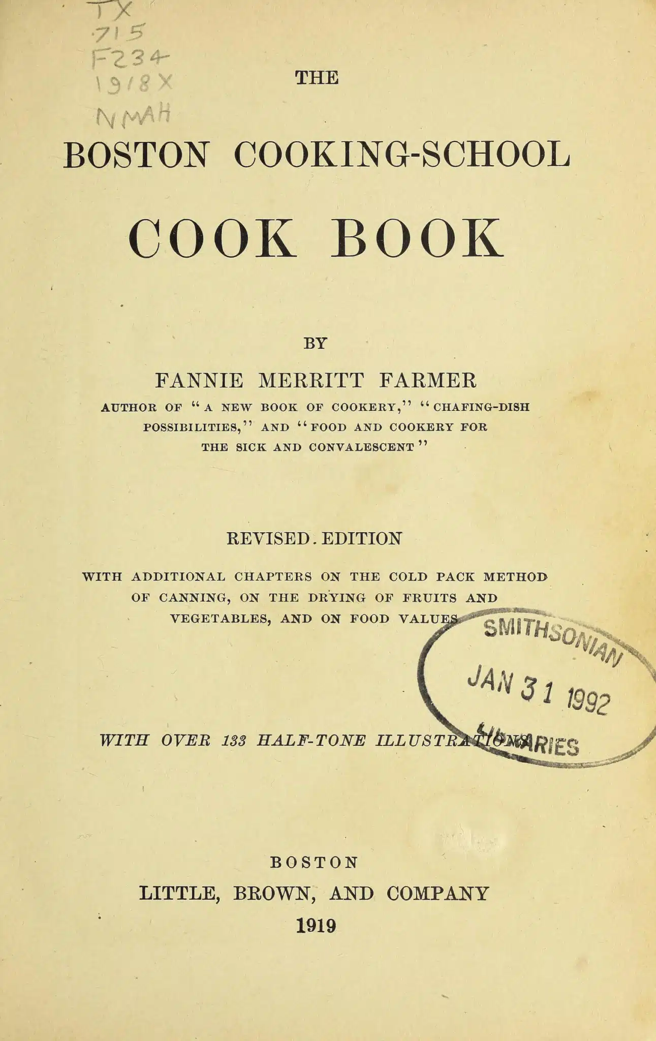 Title page of The Boston Cooking-School Cook Book by Fannie Merritt Farmer, dated 1919.