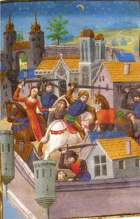 Medieval-style illustration of armed women on horseback among fortified city buildings.