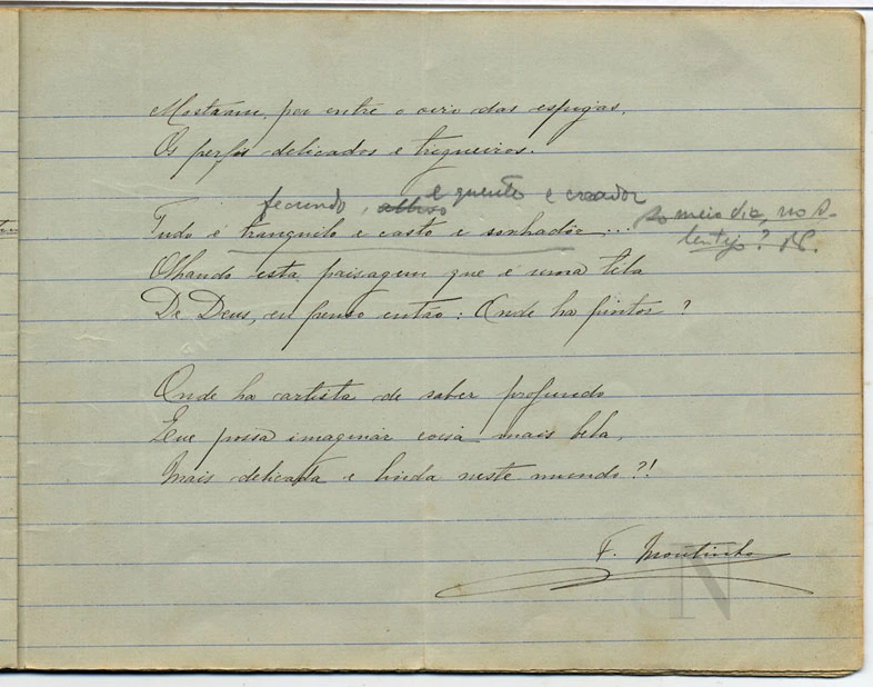 Primeiros passos manuscript with corrections, circa 1916 | Amazing Women In History Lines of Florbela Espanca’s handwritten poetry with crossed-out words and penciled suggestions above them.