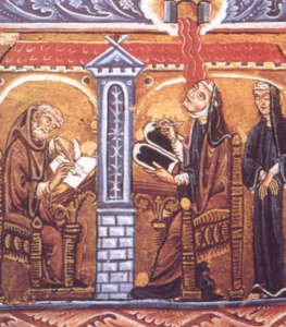 Manuscript illumination showing Hildegard writing as red rays descend toward her, with two companions nearby.