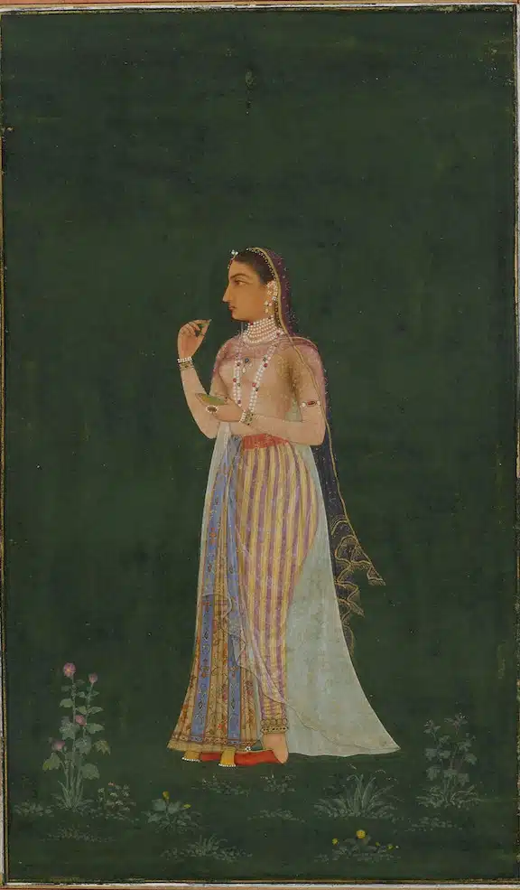 A miniature shows Princess Jahanara standing in a long dress and holding a cup.