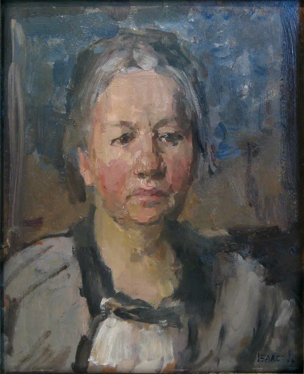 Painted portrait of Johanna van Gogh-Bonger against a blue background.