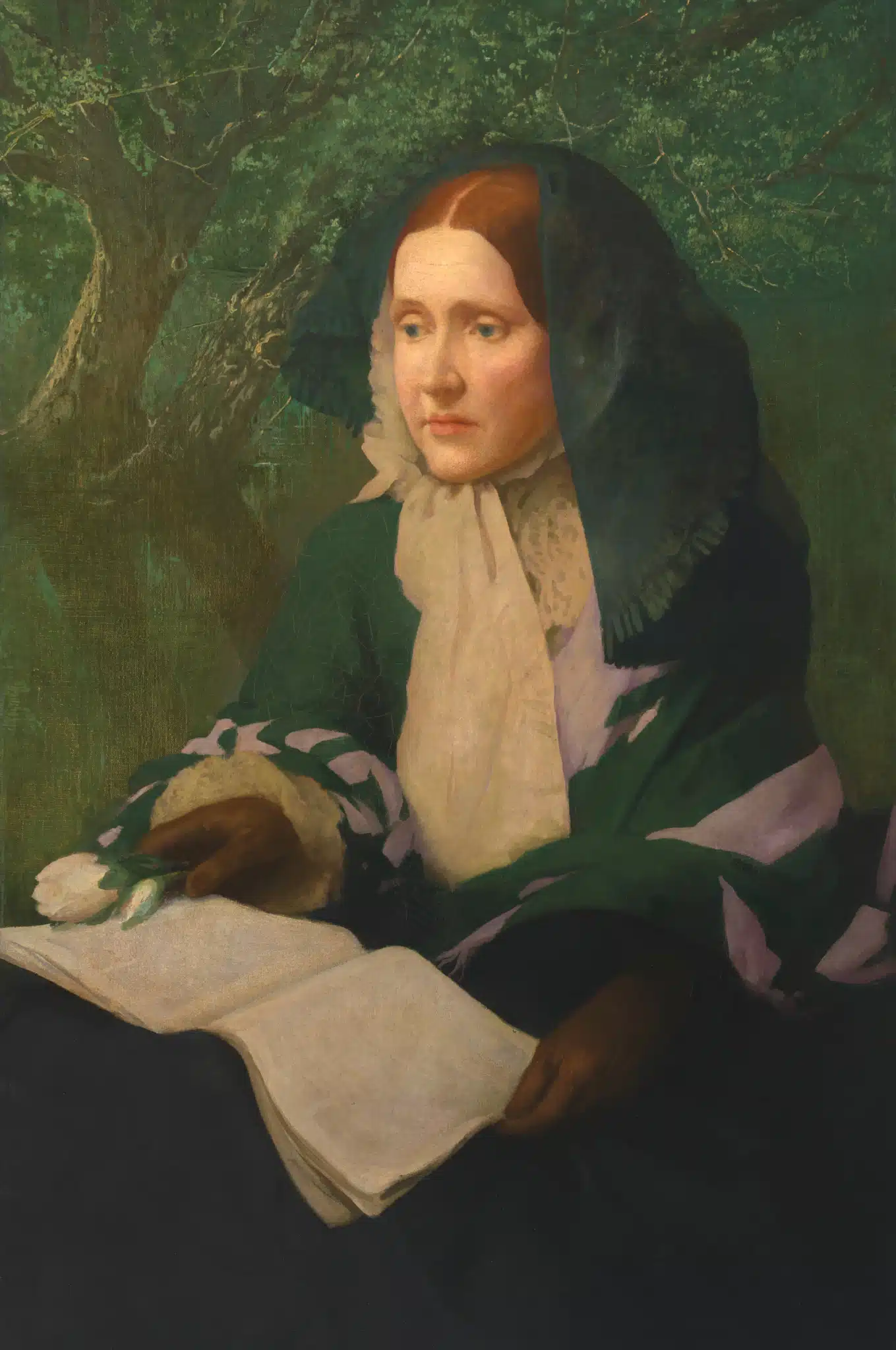 Painted portrait of Julia Ward Howe seated with a book in her lap.