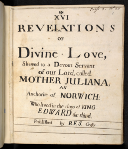 Title page naming Mother Juliana of Norwich and the sixteen Revelations of Divine Love, in a later manuscript copy.