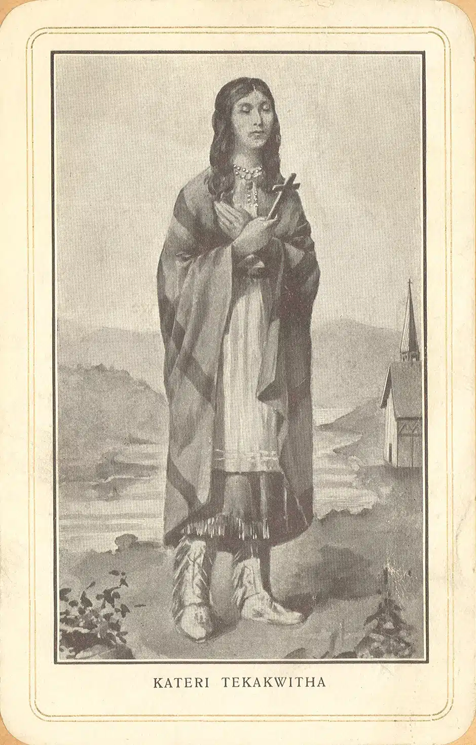 A printed devotional image of Kateri Tekakwitha holding a cross.