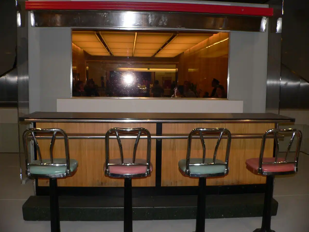 Four stools face a preserved section of the Greensboro Woolworth lunch counter in a museum display.