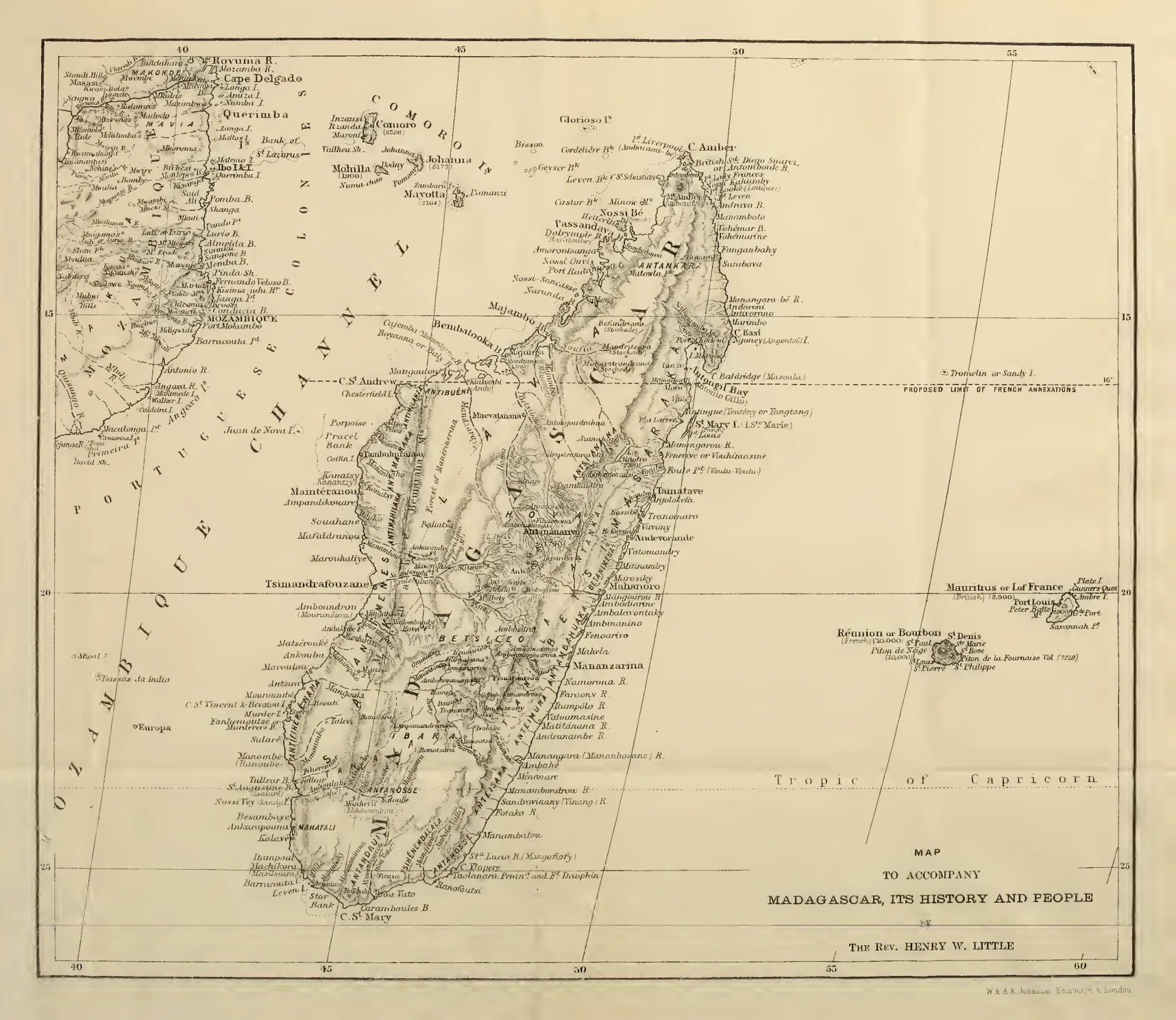 Madagascar map, 1884 | Amazing Women In History An 1884 map shows Madagascar, coastal ports, the highland capital, and a line marking proposed French annexations.