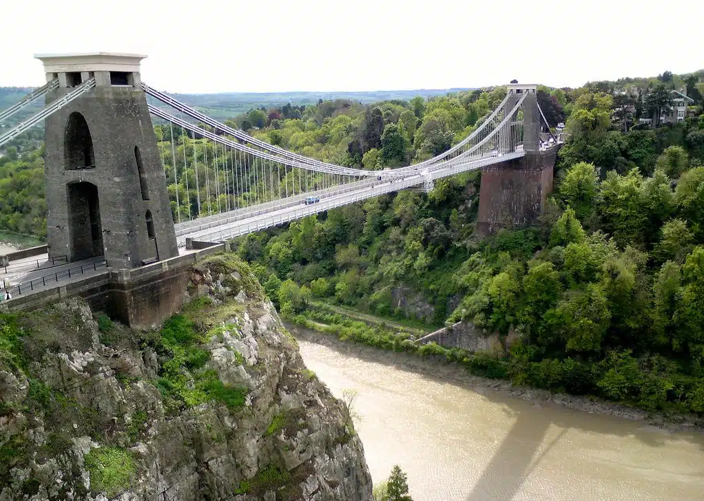 The Clifton Suspension Bridge spans a wooded gorge near Bristol.