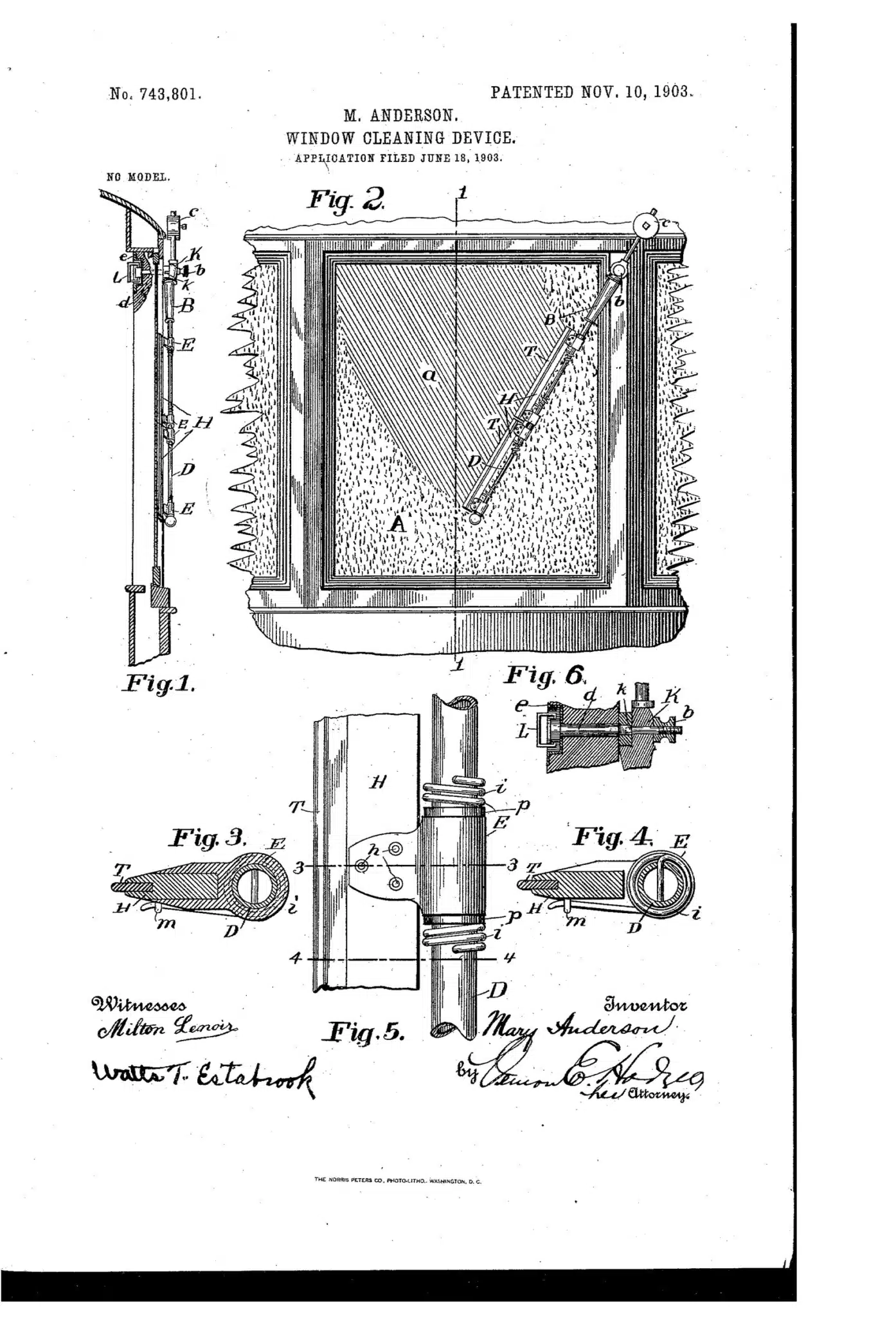 Mary Anderson's patent diagram for a window cleaning device.