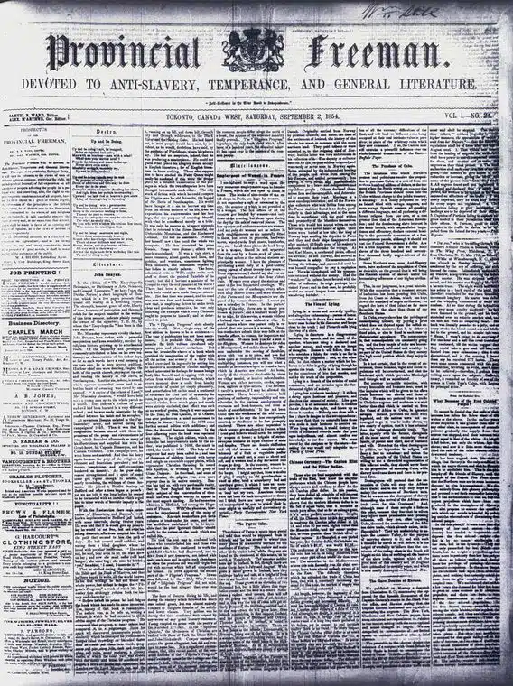 Front page of The Provincial Freeman with its masthead and newspaper columns.