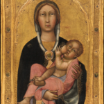 Medieval painting of Mary holding and nursing the Christ Child, surrounded by an ornate gold frame.