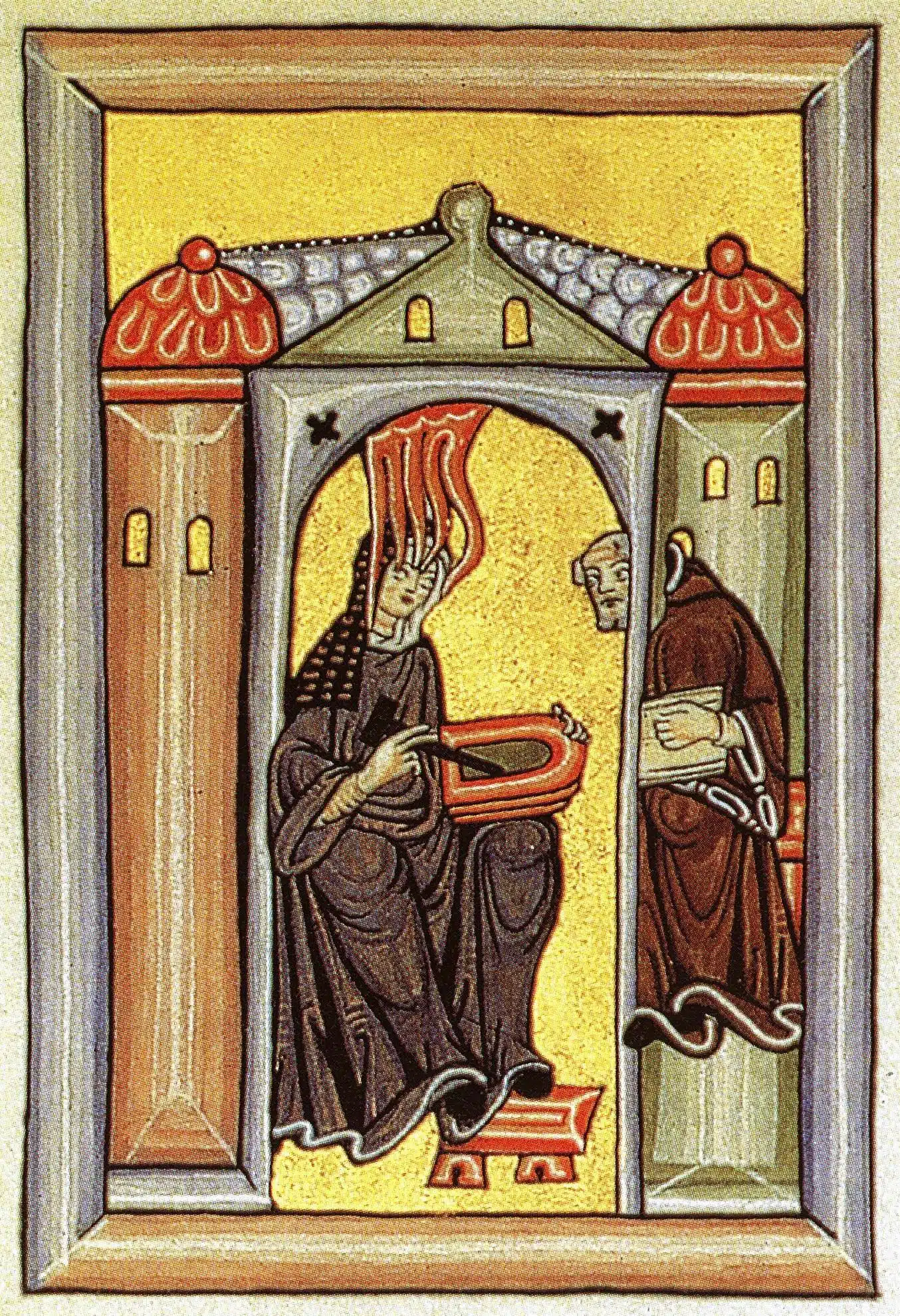 A manuscript miniature shows Hildegard of Bingen receiving inspiration beside a scribe.