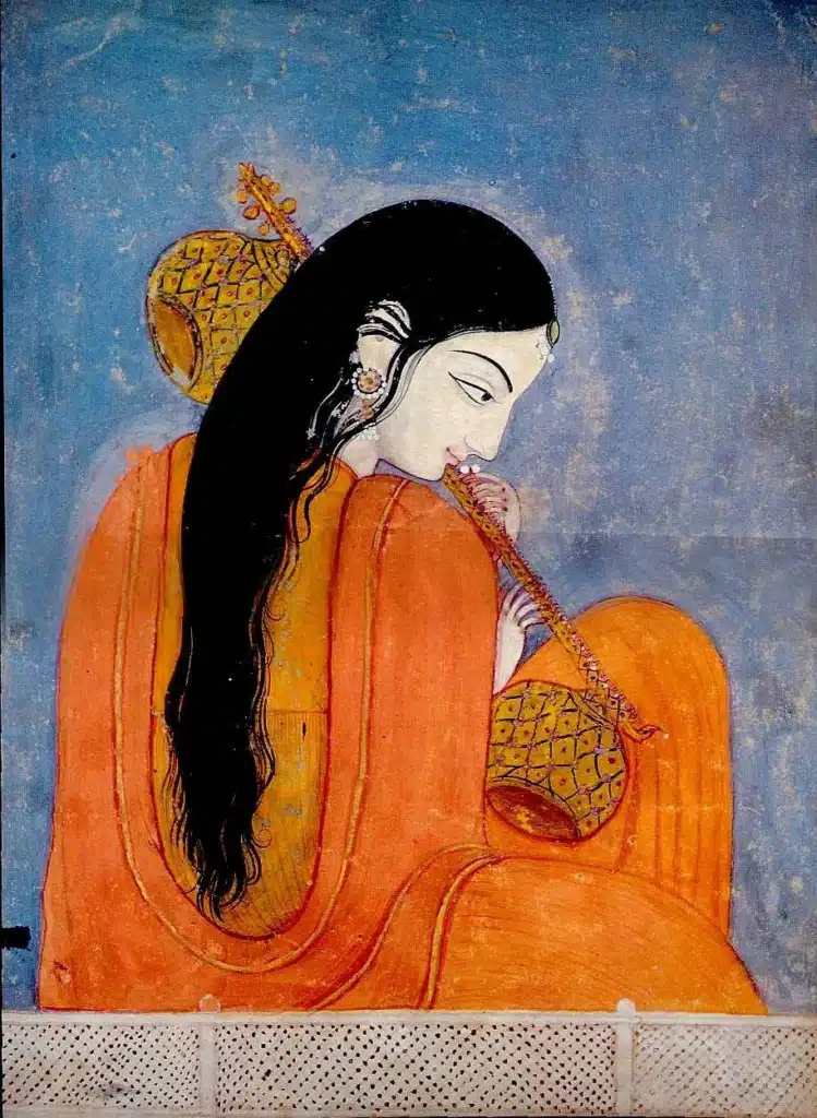 Painting of Mirabai seated in orange clothing, holding a long-necked string instrument.