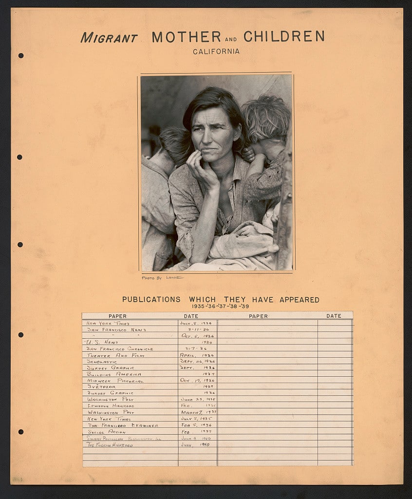 Album page containing Dorothea Lange's Migrant Mother photograph and a publication log.