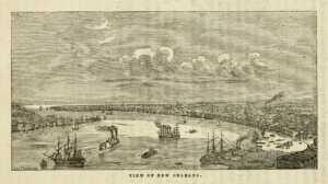 New Orleans riverfront, circa 1855 | Amazing Women In History Engraving of New Orleans with paddle steamers and sailing ships on the Mississippi River.