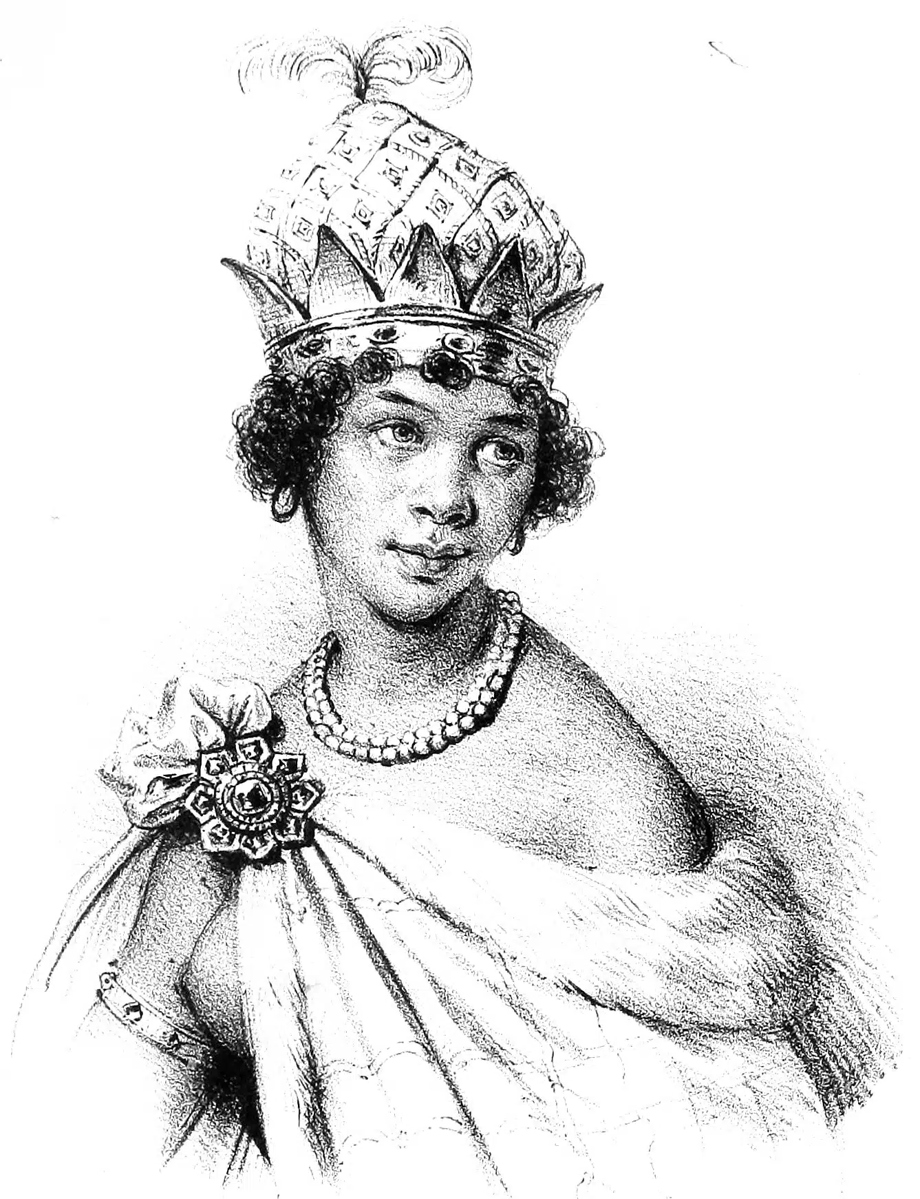 An 1834 lithograph depicting Nzinga wearing an ornate crown, a beaded necklace, and a cloak fastened with a brooch.