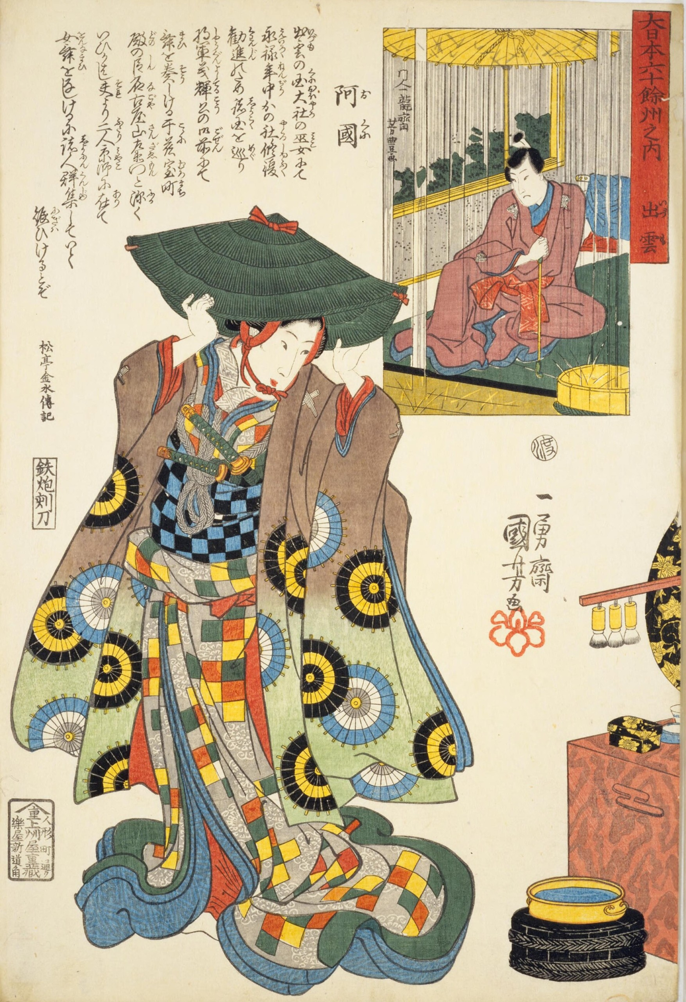 Later woodblock depiction of Okuni in patterned robes, with a smaller theatrical scene above her.