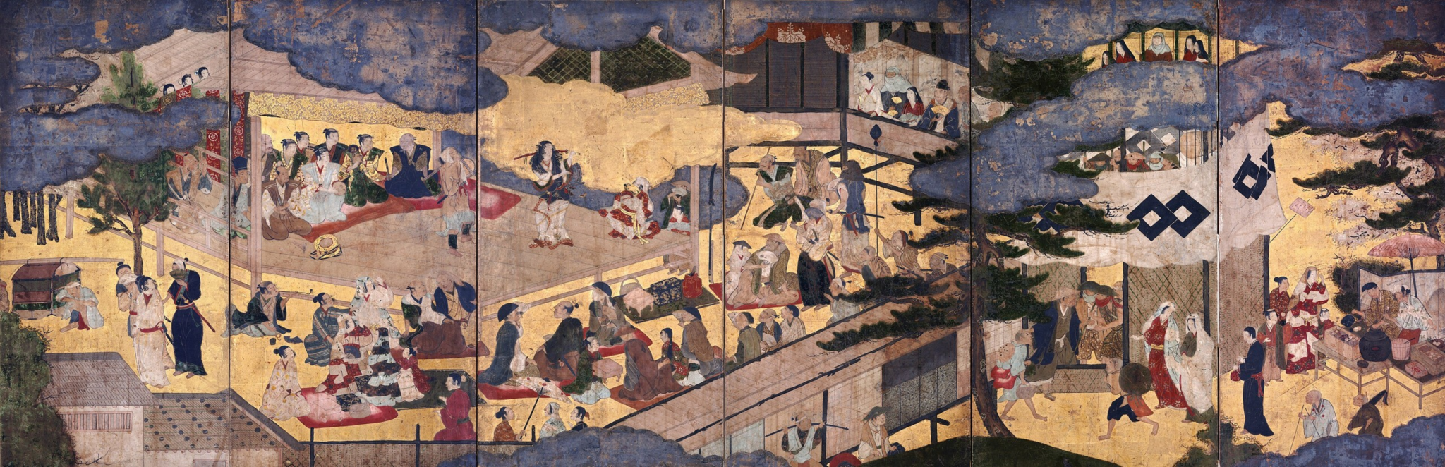 Okuni Kabuki Screen | Amazing Women In History Painted folding screen showing a crowded outdoor kabuki performance, with the stage at the left.