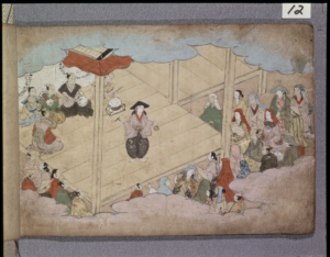 Okuni dancing in Kunijo kabuki ekotoba | Amazing Women In History Illustrated manuscript showing a dancer on an outdoor stage surrounded by musicians and spectators.
