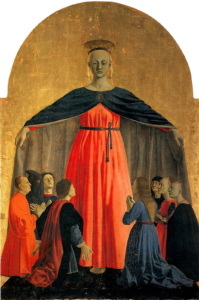 Mary opens her dark cloak over kneeling men and women in Piero della Francesca’s Madonna of Mercy.