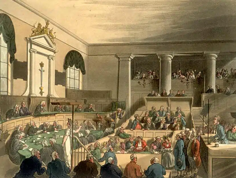 Historical illustration of a crowded courtroom at the Old Bailey.