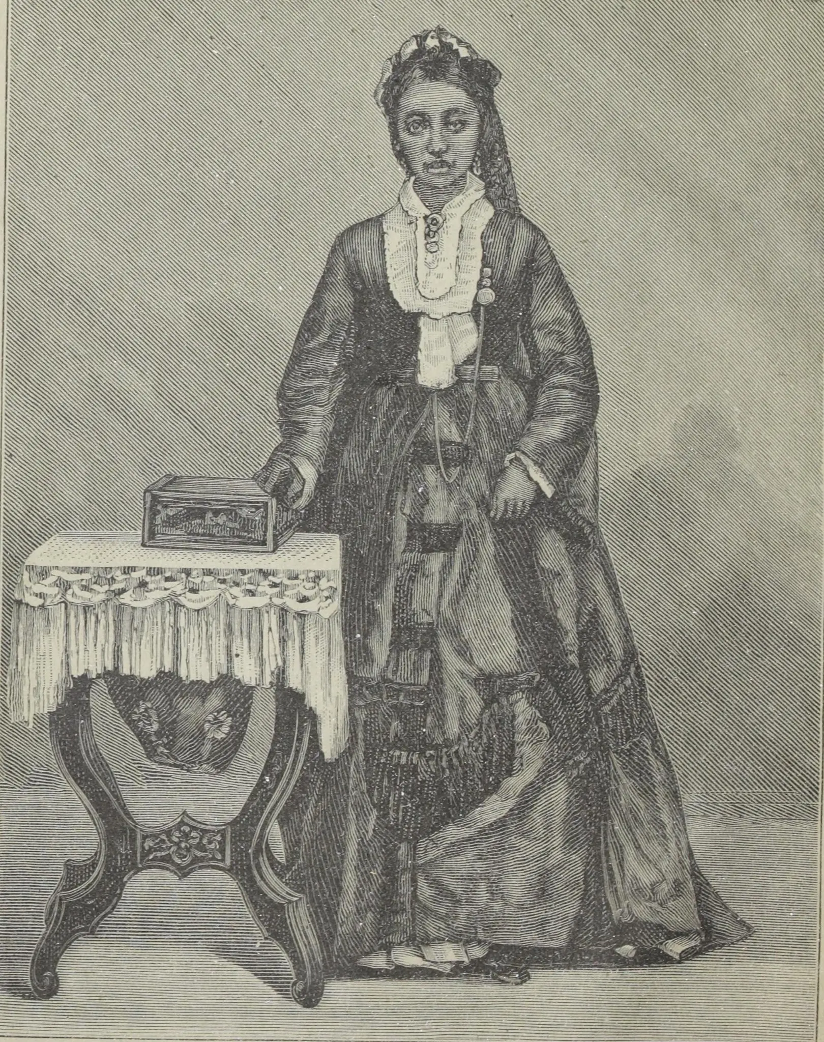 Illustrated portrait of Ranavalona III standing in a long dress, with one hand resting on a book beside her.