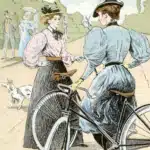A colored illustration shows two women in cycling dress with bicycles.