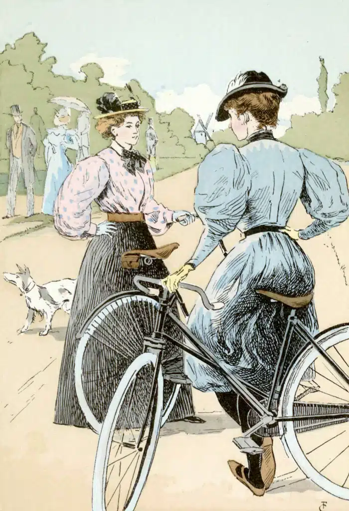 A colored illustration shows two women in cycling dress with bicycles.