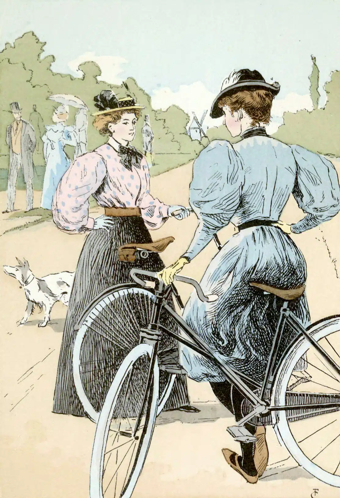 A colored illustration shows two women in cycling dress with bicycles.