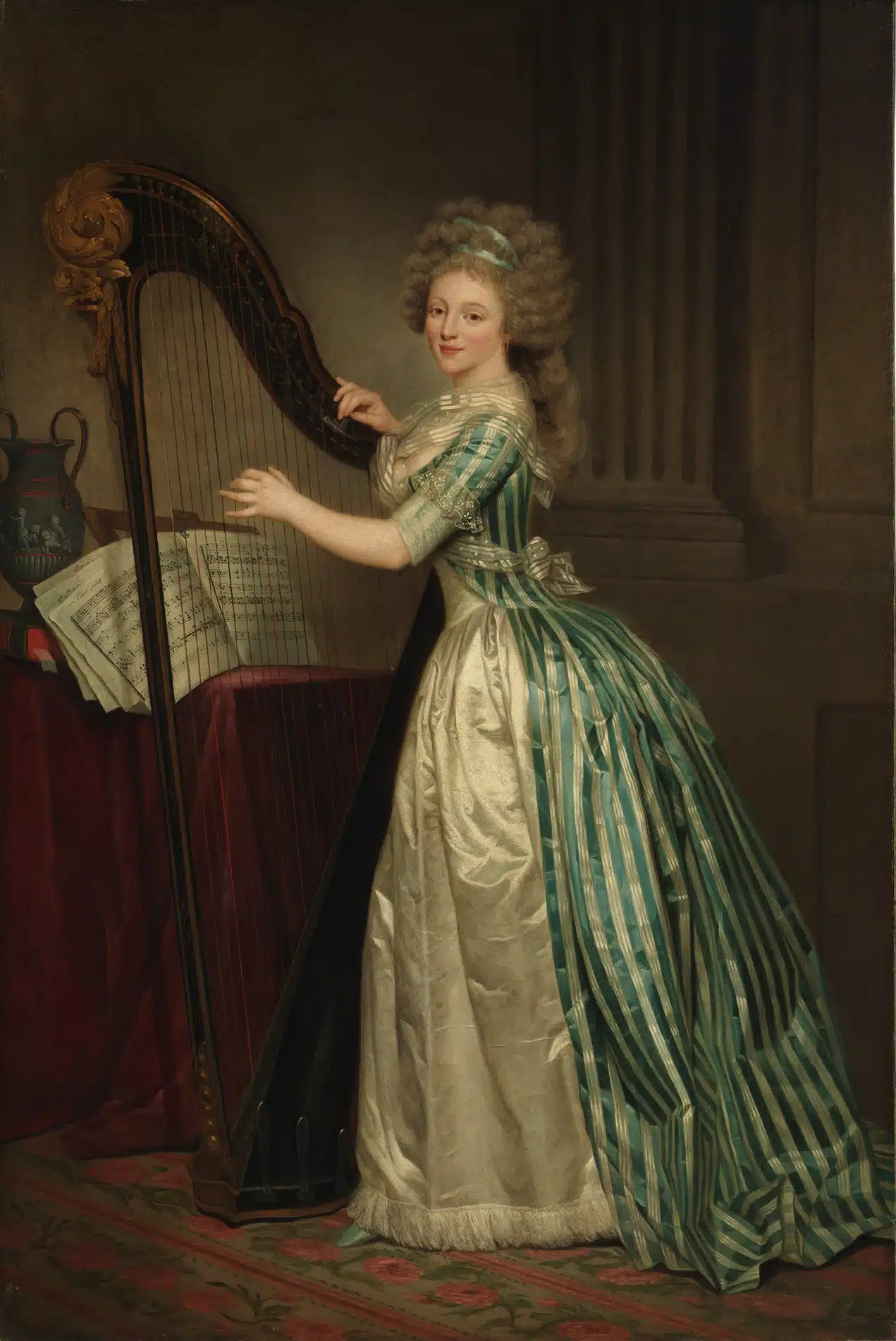 Self-portrait of Rose-Adélaïde Ducreux standing beside a harp.