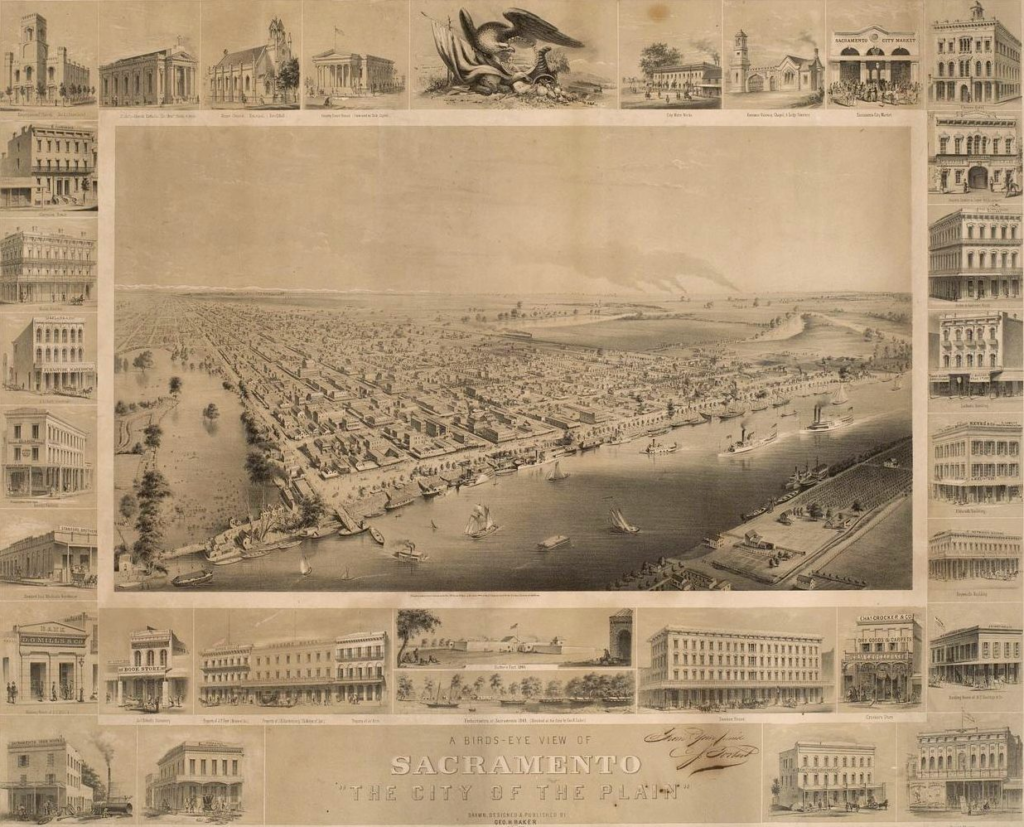 A bird’s-eye view of Sacramento, circa 1857 | Amazing Women In History Lithograph of Sacramento and its busy riverfront, surrounded by smaller views of businesses and public buildings.