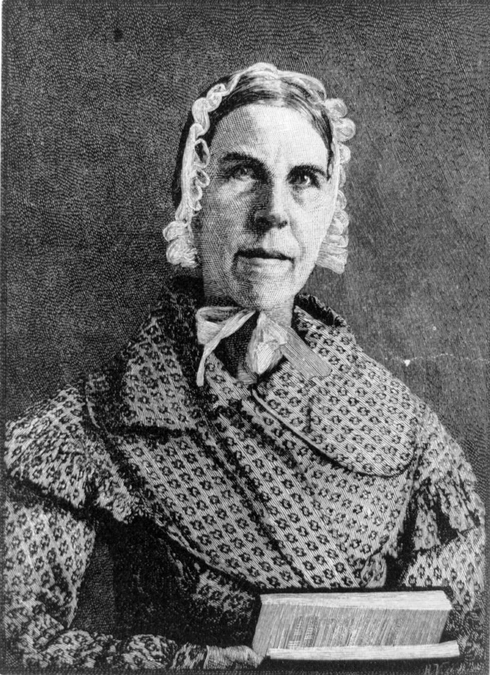 Sarah Moore Grimké, undated wood engraving | Amazing Women In History Wood-engraved portrait of Sarah Moore Grimké wearing a cap and patterned shawl, with a book in front of her.