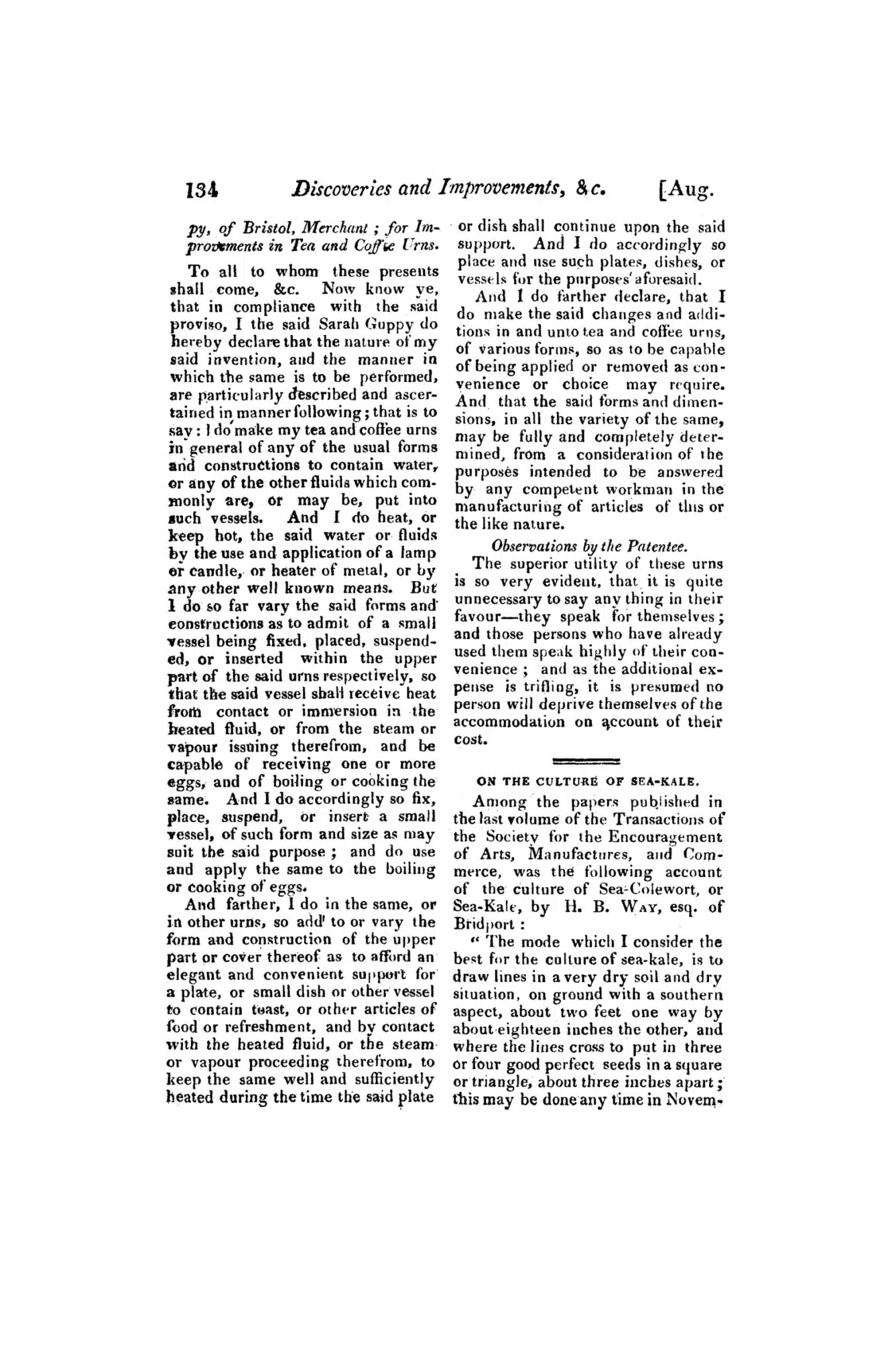 A printed magazine page describes Sarah Guppy's improvements to tea and coffee urns.
