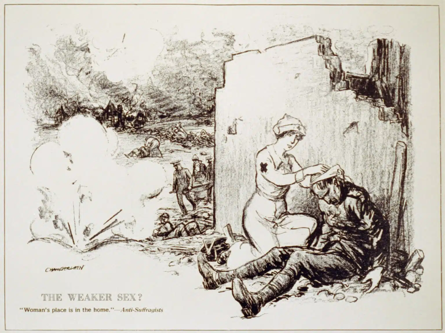 A cartoon titled The Weaker Sex shows a woman tending an injured man.